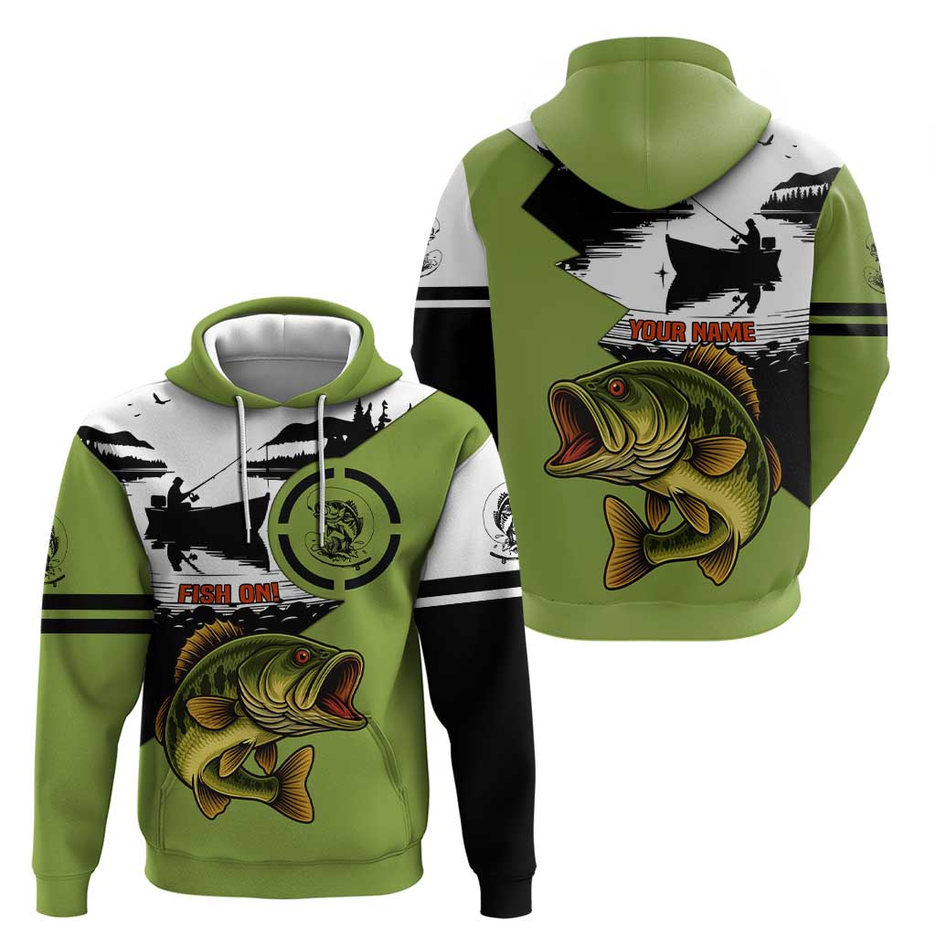 Largemouth Bass Fishing Zip Hoodie Fish On Text and Boat Scene in Green and Black Custom Design - Wonder Print Shop