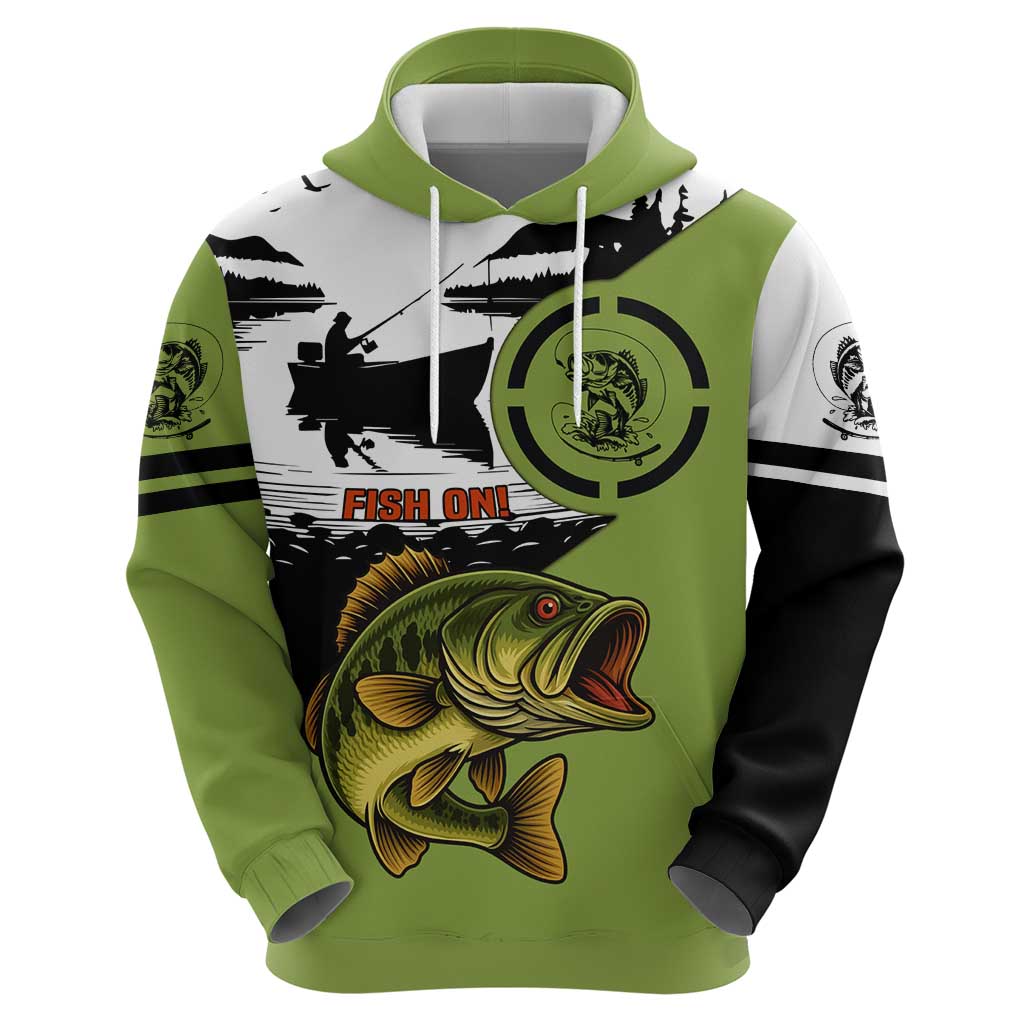 Largemouth Bass Fishing Zip Hoodie Fish On Text and Boat Scene in Green and Black Custom Design - Wonder Print Shop