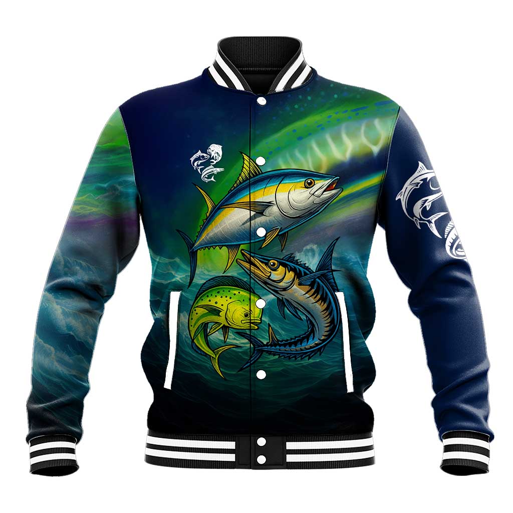 Offshore Fishing Custom Baseball Jacket Tuna Mahi Mahi and Wahoo in Ocean Wave Design - Wonder Print Shop