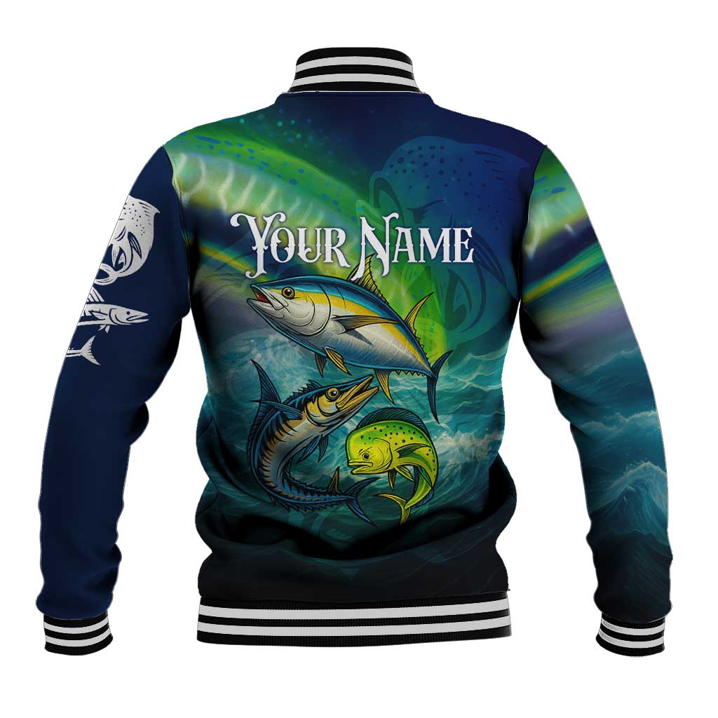 Offshore Fishing Custom Baseball Jacket Tuna Mahi Mahi and Wahoo in Ocean Wave Design - Wonder Print Shop