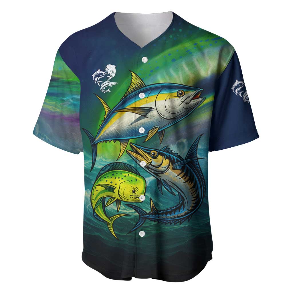 Offshore Fishing Custom Baseball Jersey Tuna Mahi Mahi and Wahoo in Ocean Wave Design - Wonder Print Shop