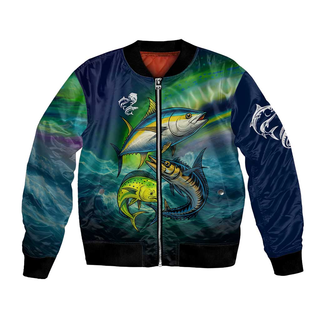 Offshore Fishing Custom Bomber Jacket Tuna Mahi Mahi and Wahoo in Ocean Wave Design - Wonder Print Shop
