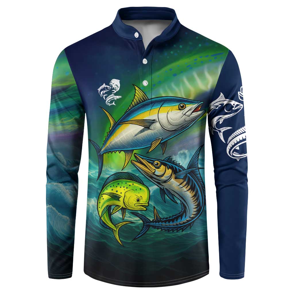 Offshore Fishing Custom Button Sweatshirt Tuna Mahi Mahi and Wahoo in Ocean Wave Design - Wonder Print Shop