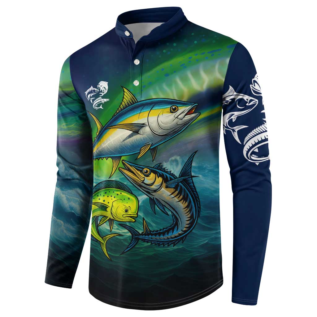 Offshore Fishing Custom Button Sweatshirt Tuna Mahi Mahi and Wahoo in Ocean Wave Design - Wonder Print Shop