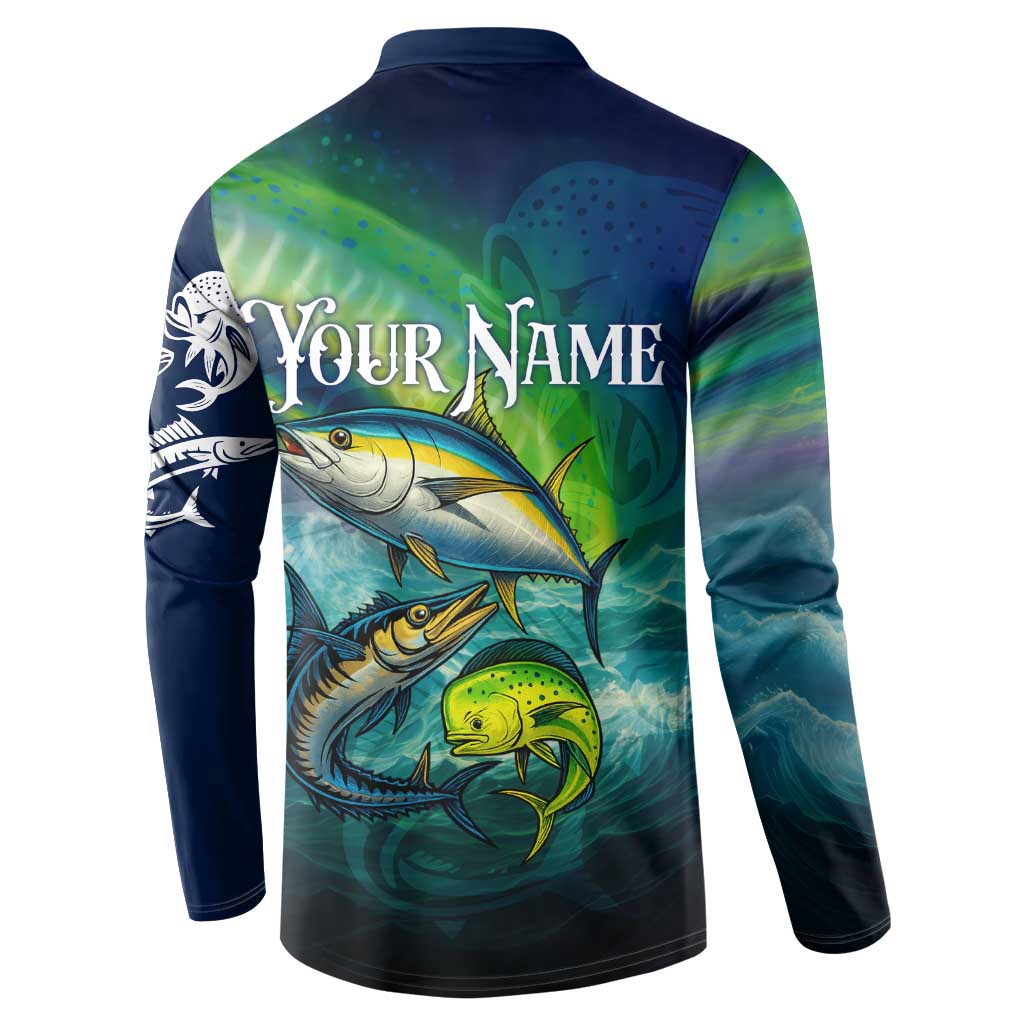 Offshore Fishing Custom Button Sweatshirt Tuna Mahi Mahi and Wahoo in Ocean Wave Design - Wonder Print Shop