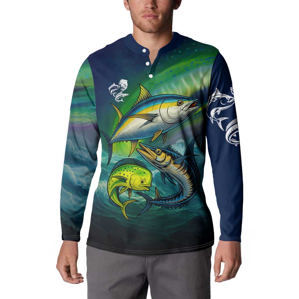 Offshore Fishing Custom Button Sweatshirt Tuna Mahi Mahi and Wahoo in Ocean Wave Design - Wonder Print Shop