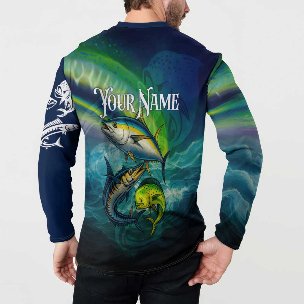 Offshore Fishing Custom Button Sweatshirt Tuna Mahi Mahi and Wahoo in Ocean Wave Design - Wonder Print Shop