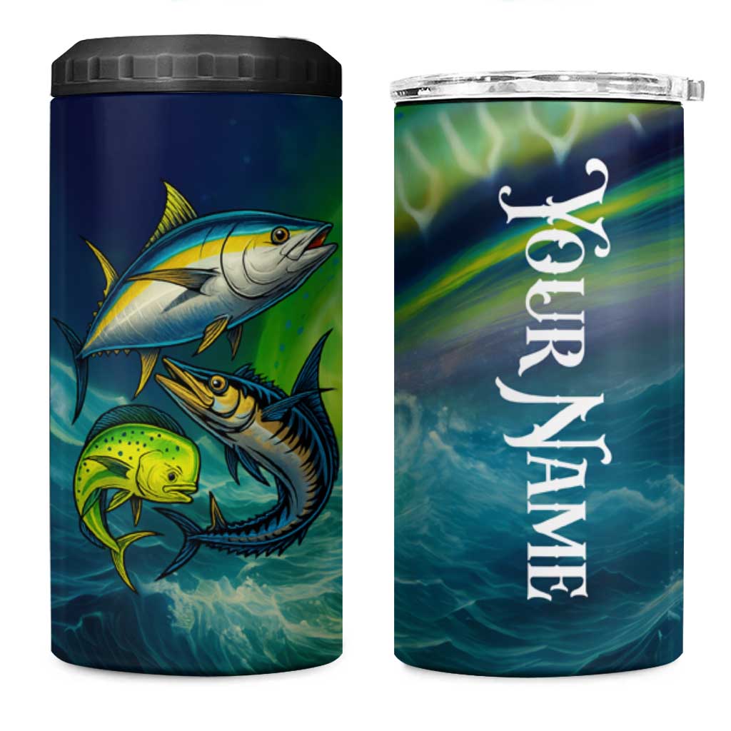Offshore Fishing Custom 4 in 1 Can Cooler Tumbler Tuna Mahi Mahi and Wahoo in Ocean Wave Design - Wonder Print Shop