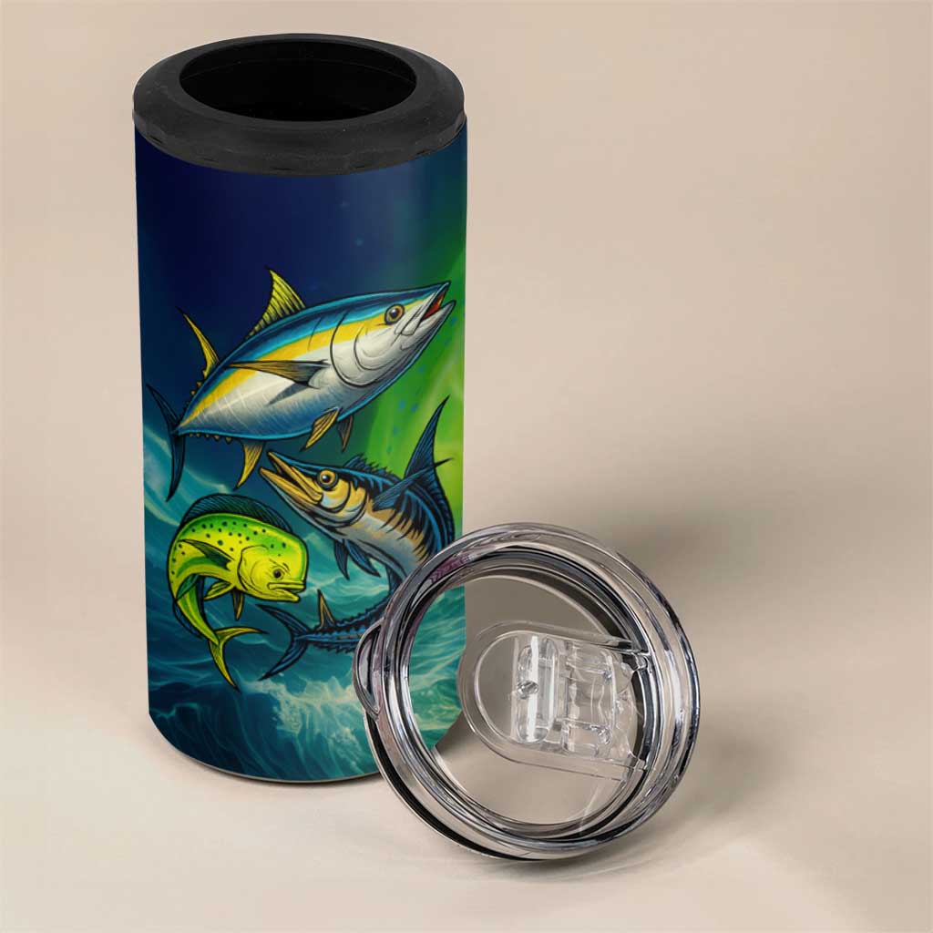 Offshore Fishing Custom 4 in 1 Can Cooler Tumbler Tuna Mahi Mahi and Wahoo in Ocean Wave Design - Wonder Print Shop