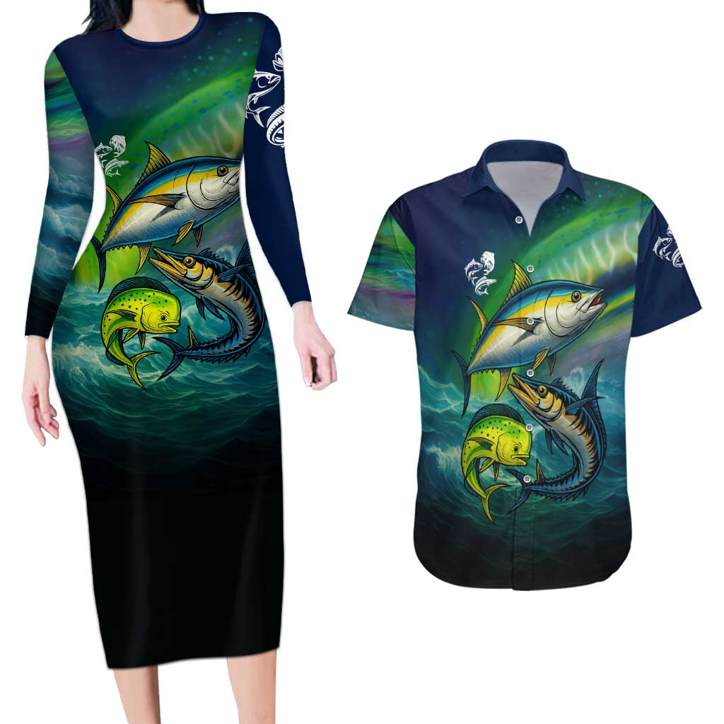 Offshore Fishing Custom Couples Matching Long Sleeve Bodycon Dress and Hawaiian Shirt Tuna Mahi Mahi and Wahoo in Ocean Wave Design - Wonder Print Shop