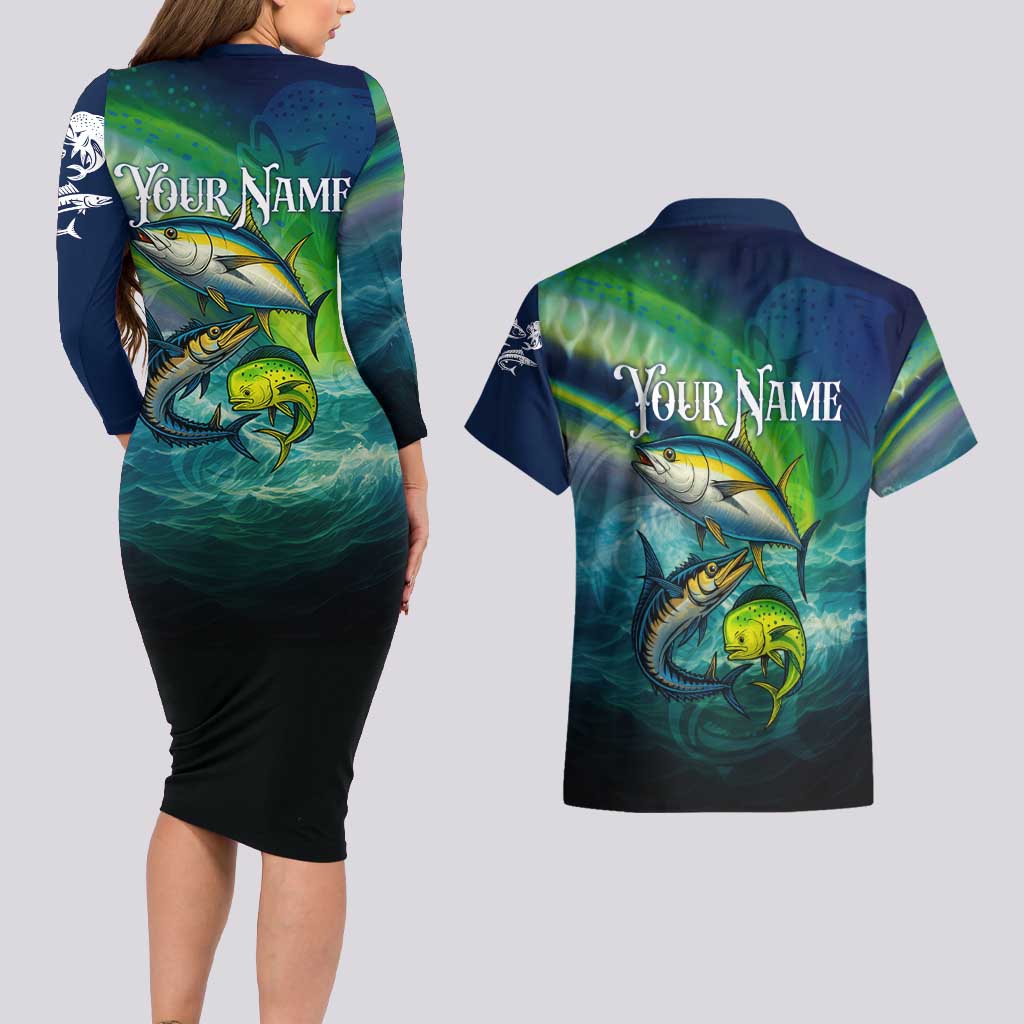 Offshore Fishing Custom Couples Matching Long Sleeve Bodycon Dress and Hawaiian Shirt Tuna Mahi Mahi and Wahoo in Ocean Wave Design - Wonder Print Shop