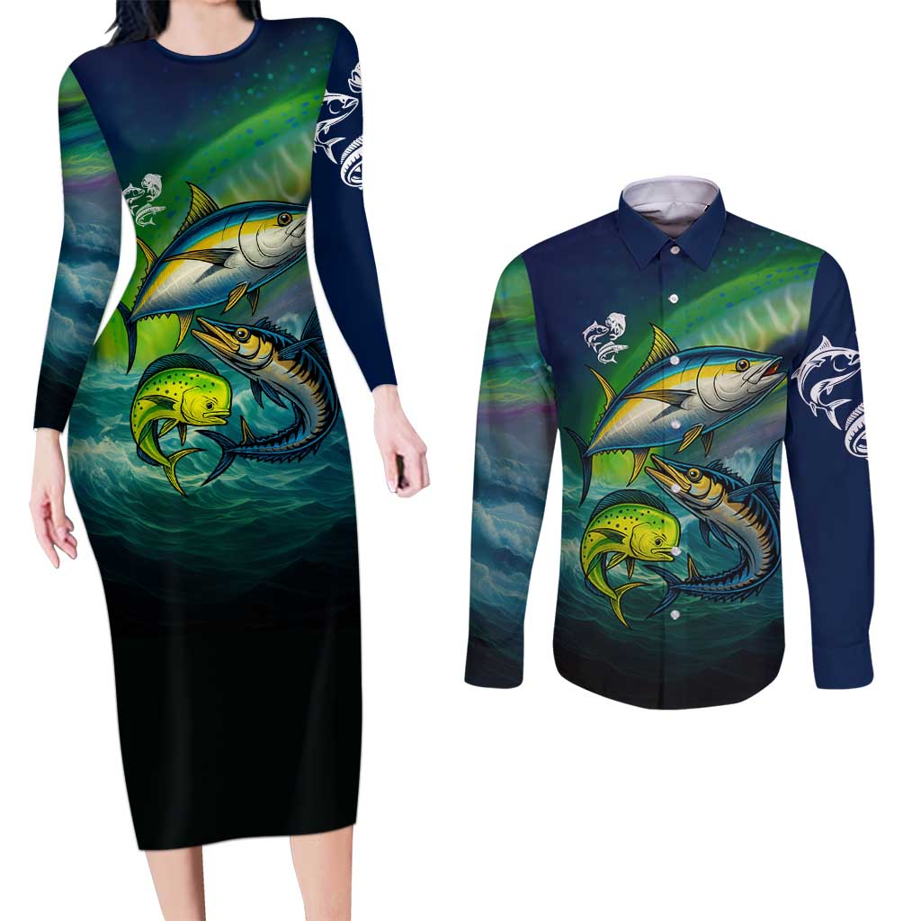 Offshore Fishing Custom Couples Matching Long Sleeve Bodycon Dress and Long Sleeve Button Shirt Tuna Mahi Mahi and Wahoo in Ocean Wave Design - Wonder Print Shop