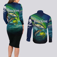 Offshore Fishing Custom Couples Matching Long Sleeve Bodycon Dress and Long Sleeve Button Shirt Tuna Mahi Mahi and Wahoo in Ocean Wave Design - Wonder Print Shop