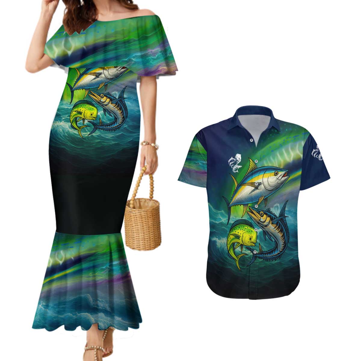 Offshore Fishing Custom Couples Matching Mermaid Dress and Hawaiian Shirt Tuna Mahi Mahi and Wahoo in Ocean Wave Design - Wonder Print Shop
