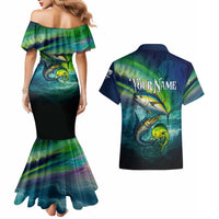 Offshore Fishing Custom Couples Matching Mermaid Dress and Hawaiian Shirt Tuna Mahi Mahi and Wahoo in Ocean Wave Design - Wonder Print Shop
