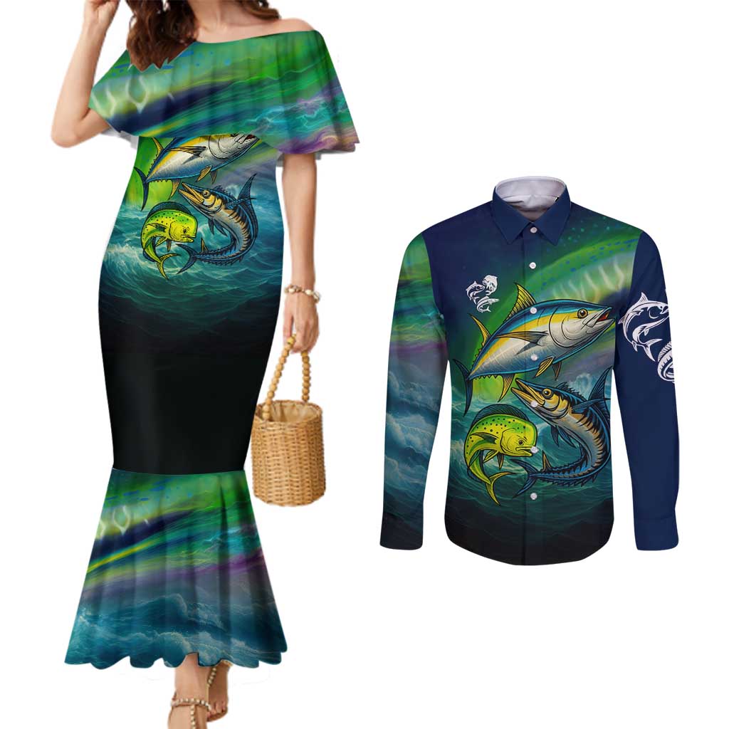 Offshore Fishing Custom Couples Matching Mermaid Dress and Long Sleeve Button Shirt Tuna Mahi Mahi and Wahoo in Ocean Wave Design - Wonder Print Shop