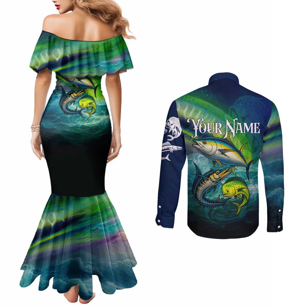Offshore Fishing Custom Couples Matching Mermaid Dress and Long Sleeve Button Shirt Tuna Mahi Mahi and Wahoo in Ocean Wave Design - Wonder Print Shop
