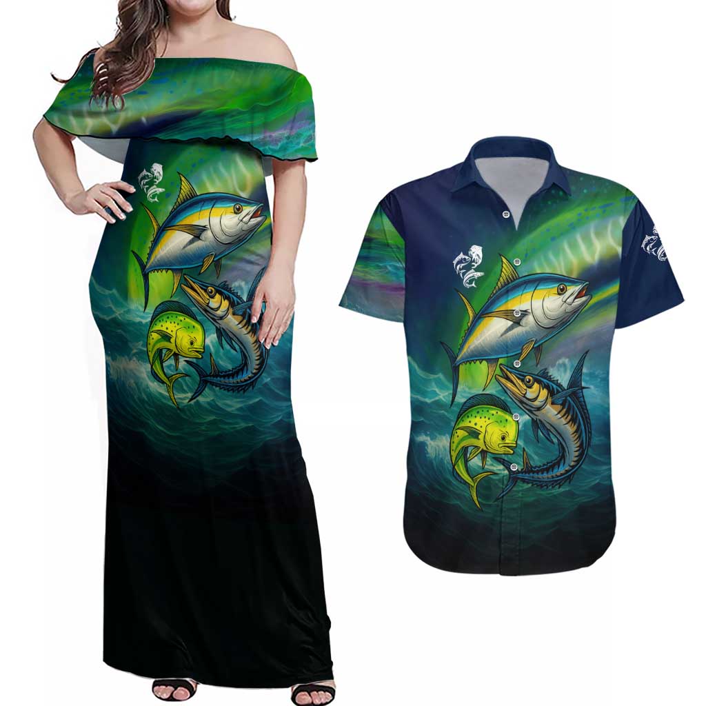 Offshore Fishing Custom Couples Matching Off Shoulder Maxi Dress and Hawaiian Shirt Tuna Mahi Mahi and Wahoo in Ocean Wave Design - Wonder Print Shop
