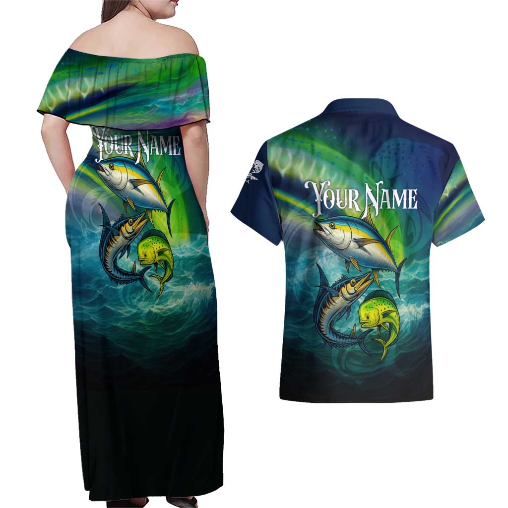 Offshore Fishing Custom Couples Matching Off Shoulder Maxi Dress and Hawaiian Shirt Tuna Mahi Mahi and Wahoo in Ocean Wave Design - Wonder Print Shop