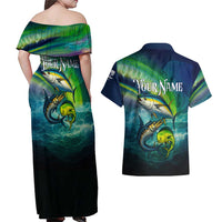 Offshore Fishing Custom Couples Matching Off Shoulder Maxi Dress and Hawaiian Shirt Tuna Mahi Mahi and Wahoo in Ocean Wave Design - Wonder Print Shop