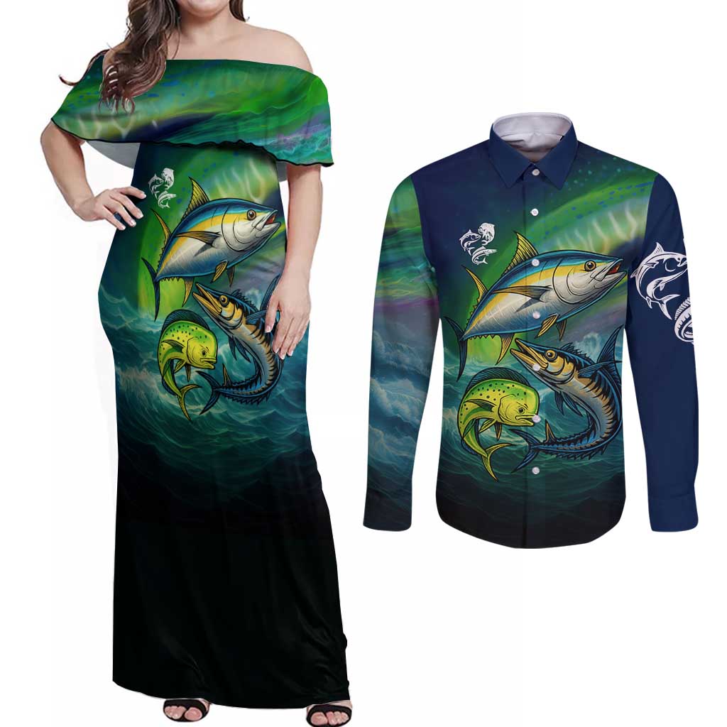 Offshore Fishing Custom Couples Matching Off Shoulder Maxi Dress and Long Sleeve Button Shirt Tuna Mahi Mahi and Wahoo in Ocean Wave Design - Wonder Print Shop
