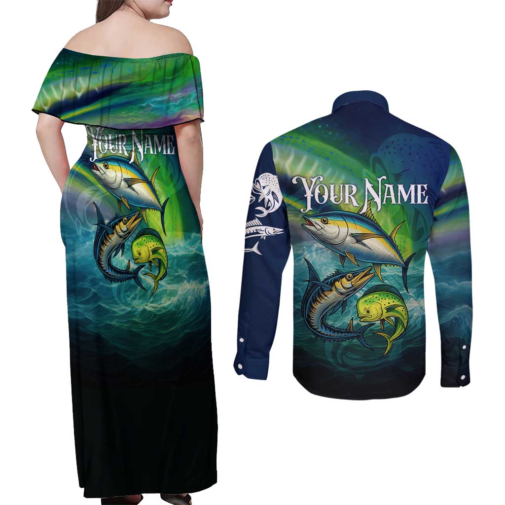 Offshore Fishing Custom Couples Matching Off Shoulder Maxi Dress and Long Sleeve Button Shirt Tuna Mahi Mahi and Wahoo in Ocean Wave Design - Wonder Print Shop