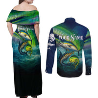 Offshore Fishing Custom Couples Matching Off Shoulder Maxi Dress and Long Sleeve Button Shirt Tuna Mahi Mahi and Wahoo in Ocean Wave Design - Wonder Print Shop