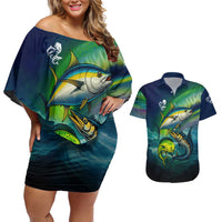 Offshore Fishing Custom Couples Matching Off Shoulder Short Dress and Hawaiian Shirt Tuna Mahi Mahi and Wahoo in Ocean Wave Design - Wonder Print Shop