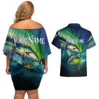 Offshore Fishing Custom Couples Matching Off Shoulder Short Dress and Hawaiian Shirt Tuna Mahi Mahi and Wahoo in Ocean Wave Design - Wonder Print Shop