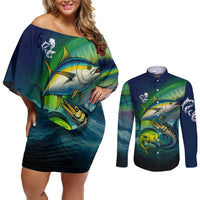 Offshore Fishing Custom Couples Matching Off Shoulder Short Dress and Long Sleeve Button Shirt Tuna Mahi Mahi and Wahoo in Ocean Wave Design - Wonder Print Shop