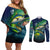Offshore Fishing Custom Couples Matching Off Shoulder Short Dress and Long Sleeve Button Shirt Tuna Mahi Mahi and Wahoo in Ocean Wave Design - Wonder Print Shop
