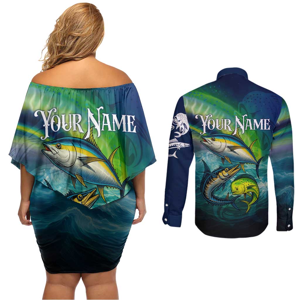 Offshore Fishing Custom Couples Matching Off Shoulder Short Dress and Long Sleeve Button Shirt Tuna Mahi Mahi and Wahoo in Ocean Wave Design - Wonder Print Shop