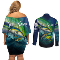 Offshore Fishing Custom Couples Matching Off Shoulder Short Dress and Long Sleeve Button Shirt Tuna Mahi Mahi and Wahoo in Ocean Wave Design - Wonder Print Shop