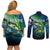 Offshore Fishing Custom Couples Matching Off Shoulder Short Dress and Long Sleeve Button Shirt Tuna Mahi Mahi and Wahoo in Ocean Wave Design - Wonder Print Shop
