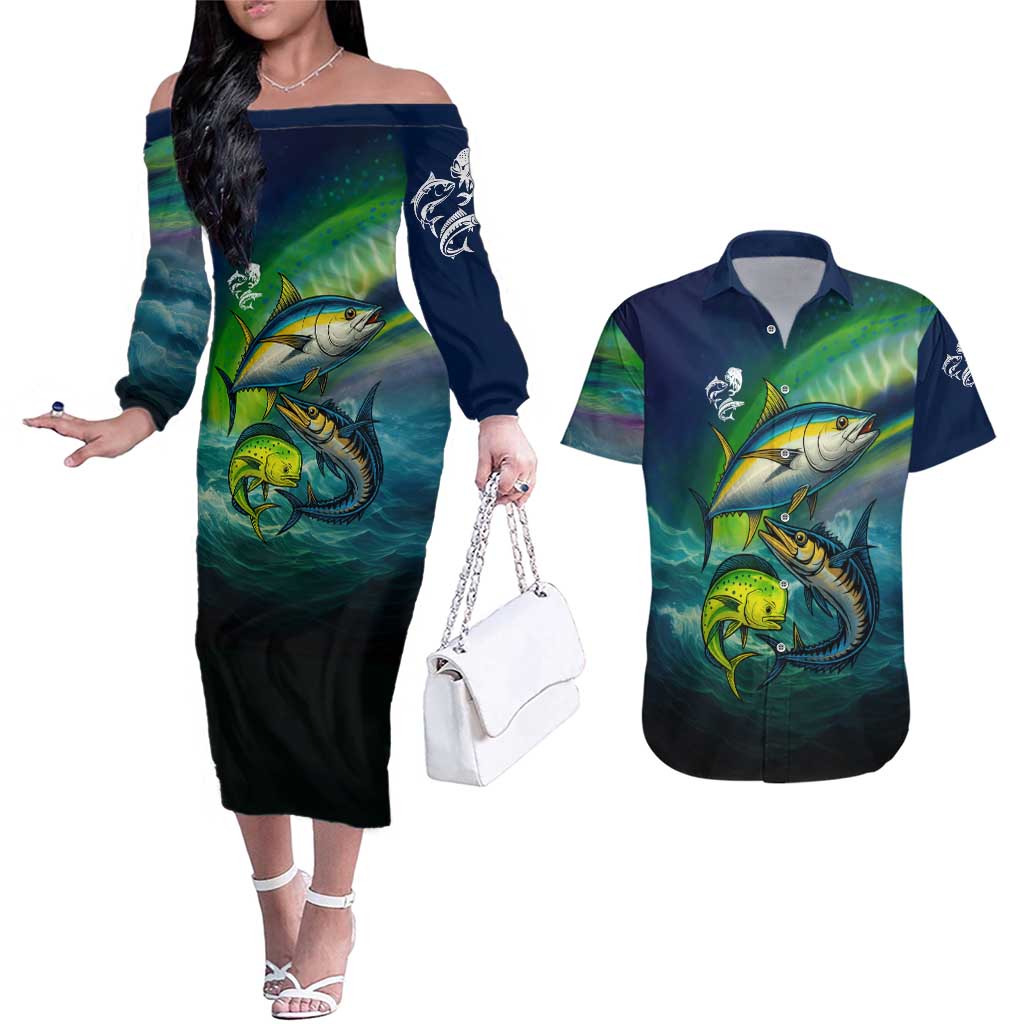 Offshore Fishing Custom Couples Matching Off The Shoulder Long Sleeve Dress and Hawaiian Shirt Tuna Mahi Mahi and Wahoo in Ocean Wave Design - Wonder Print Shop