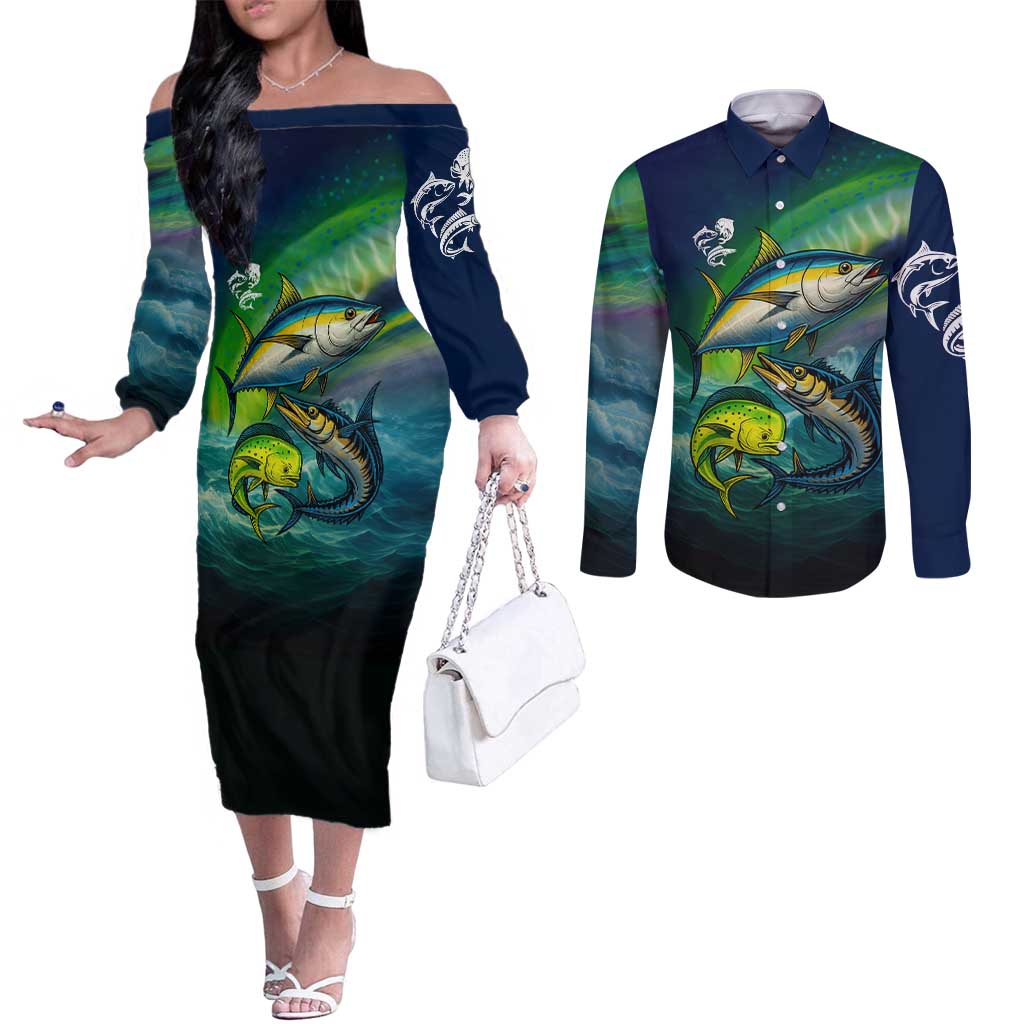 Offshore Fishing Custom Couples Matching Off The Shoulder Long Sleeve Dress and Long Sleeve Button Shirt Tuna Mahi Mahi and Wahoo in Ocean Wave Design - Wonder Print Shop
