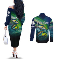 Offshore Fishing Custom Couples Matching Off The Shoulder Long Sleeve Dress and Long Sleeve Button Shirt Tuna Mahi Mahi and Wahoo in Ocean Wave Design - Wonder Print Shop