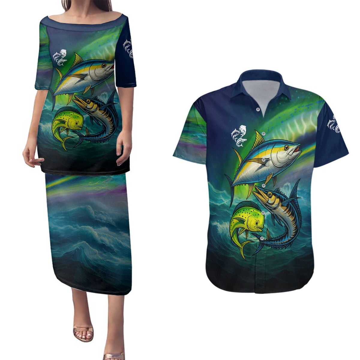 Offshore Fishing Custom Couples Matching Puletasi and Hawaiian Shirt Tuna Mahi Mahi and Wahoo in Ocean Wave Design - Wonder Print Shop