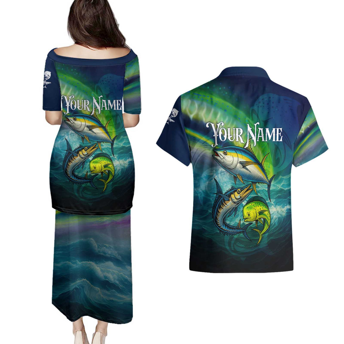 Offshore Fishing Custom Couples Matching Puletasi and Hawaiian Shirt Tuna Mahi Mahi and Wahoo in Ocean Wave Design - Wonder Print Shop