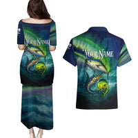Offshore Fishing Custom Couples Matching Puletasi and Hawaiian Shirt Tuna Mahi Mahi and Wahoo in Ocean Wave Design - Wonder Print Shop