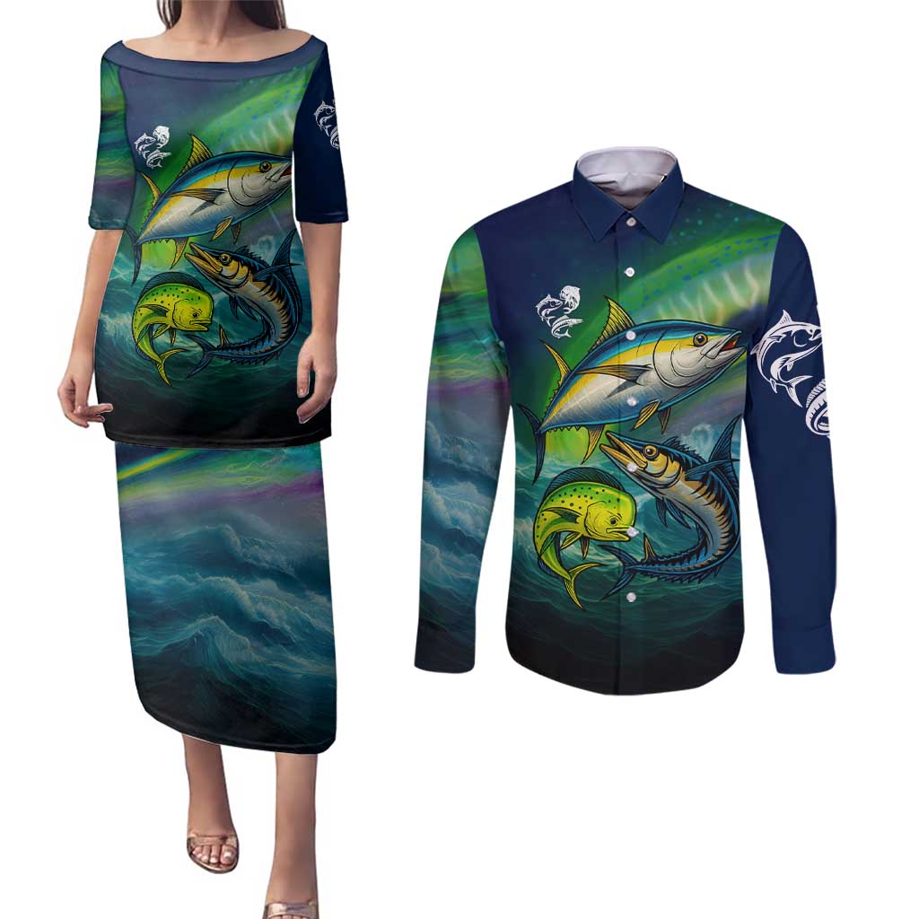 Offshore Fishing Custom Couples Matching Puletasi and Long Sleeve Button Shirt Tuna Mahi Mahi and Wahoo in Ocean Wave Design - Wonder Print Shop