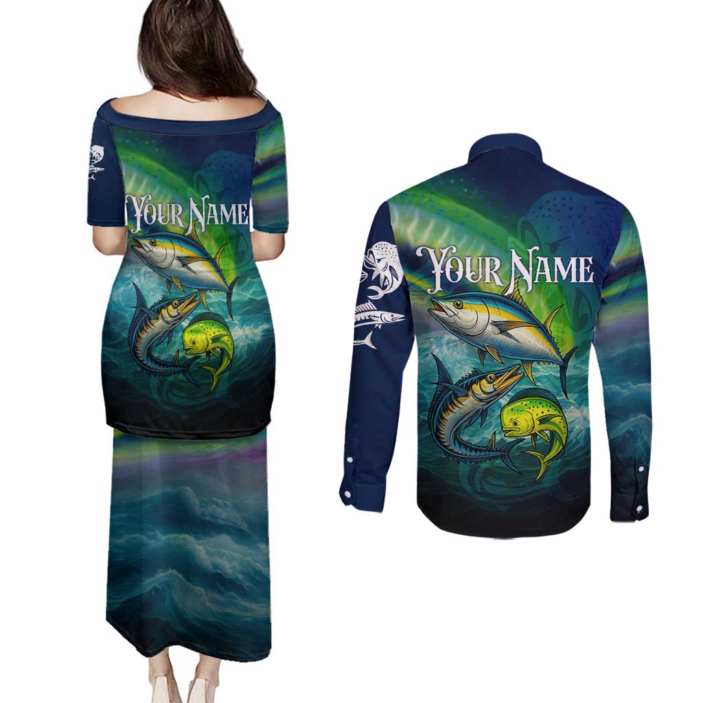 Offshore Fishing Custom Couples Matching Puletasi and Long Sleeve Button Shirt Tuna Mahi Mahi and Wahoo in Ocean Wave Design - Wonder Print Shop