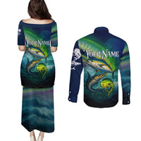 Offshore Fishing Custom Couples Matching Puletasi and Long Sleeve Button Shirt Tuna Mahi Mahi and Wahoo in Ocean Wave Design - Wonder Print Shop