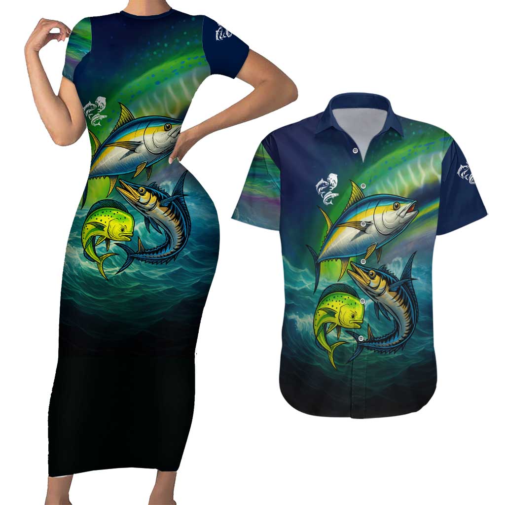 Offshore Fishing Custom Couples Matching Short Sleeve Bodycon Dress and Hawaiian Shirt Tuna Mahi Mahi and Wahoo in Ocean Wave Design - Wonder Print Shop