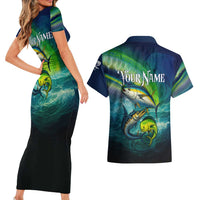 Offshore Fishing Custom Couples Matching Short Sleeve Bodycon Dress and Hawaiian Shirt Tuna Mahi Mahi and Wahoo in Ocean Wave Design - Wonder Print Shop