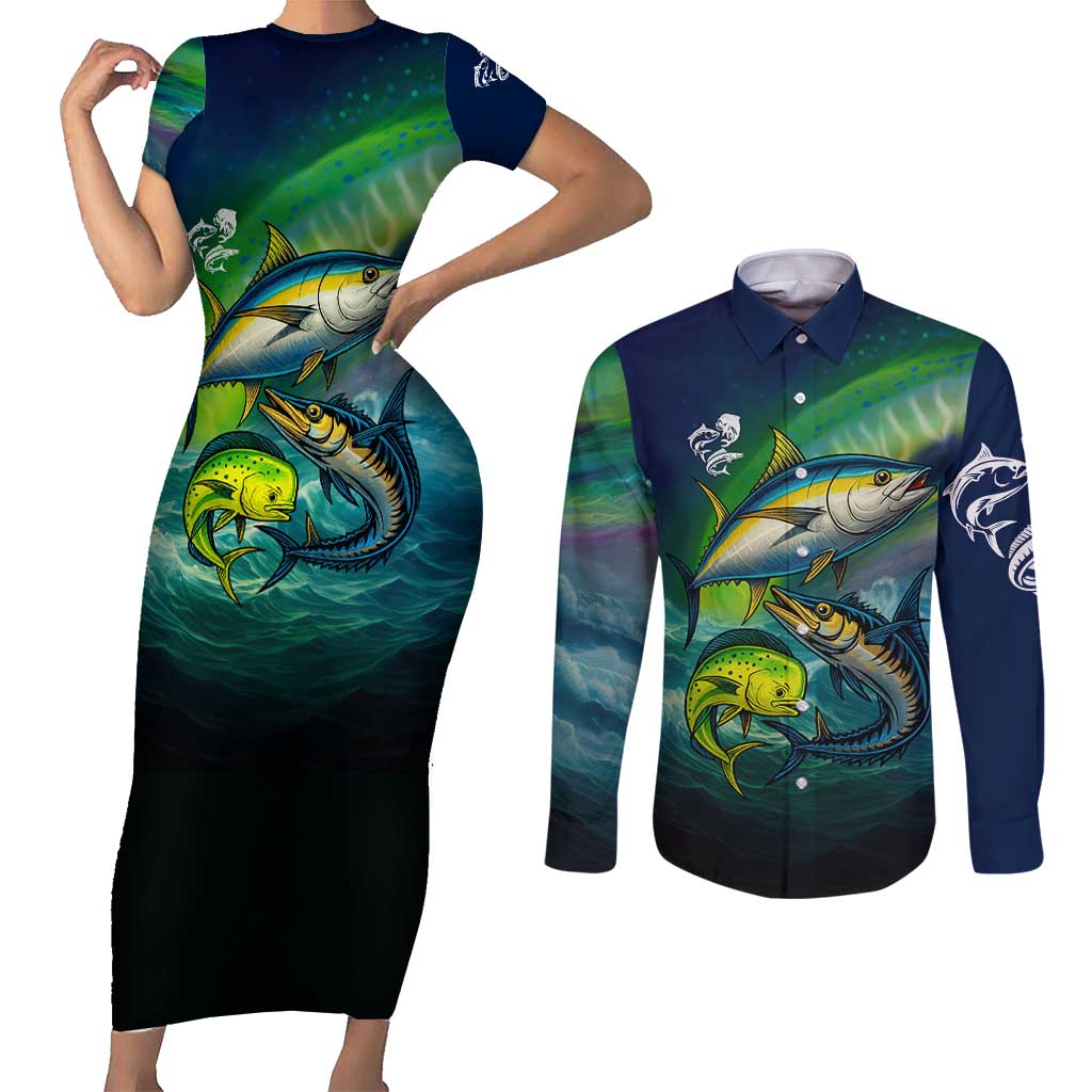 Offshore Fishing Custom Couples Matching Short Sleeve Bodycon Dress and Long Sleeve Button Shirt Tuna Mahi Mahi and Wahoo in Ocean Wave Design - Wonder Print Shop