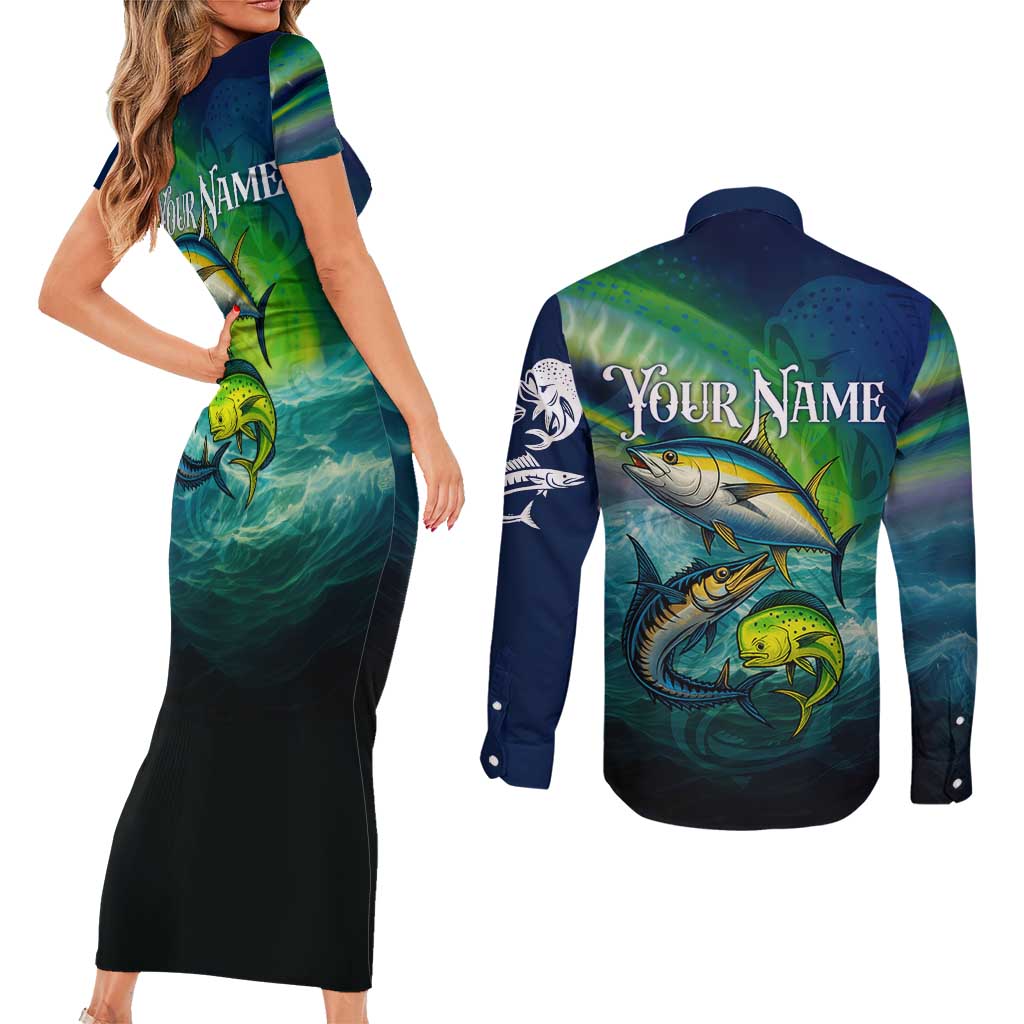 Offshore Fishing Custom Couples Matching Short Sleeve Bodycon Dress and Long Sleeve Button Shirt Tuna Mahi Mahi and Wahoo in Ocean Wave Design - Wonder Print Shop