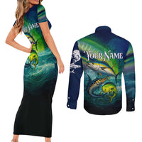 Offshore Fishing Custom Couples Matching Short Sleeve Bodycon Dress and Long Sleeve Button Shirt Tuna Mahi Mahi and Wahoo in Ocean Wave Design - Wonder Print Shop