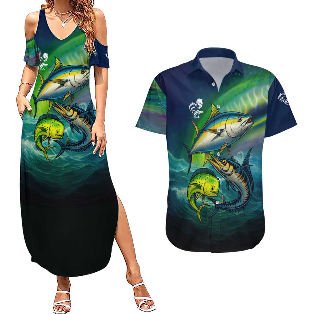 Offshore Fishing Custom Couples Matching Summer Maxi Dress and Hawaiian Shirt Tuna Mahi Mahi and Wahoo in Ocean Wave Design - Wonder Print Shop