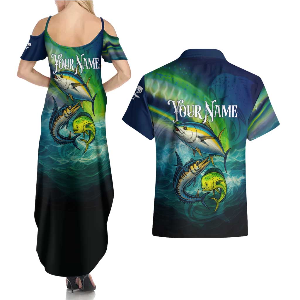 Offshore Fishing Custom Couples Matching Summer Maxi Dress and Hawaiian Shirt Tuna Mahi Mahi and Wahoo in Ocean Wave Design - Wonder Print Shop